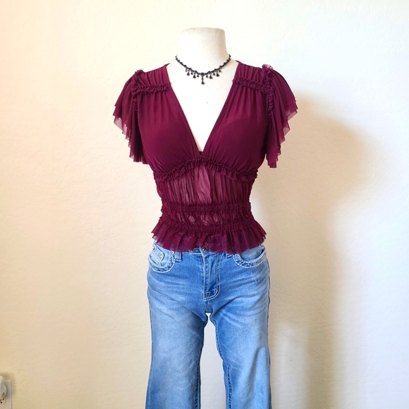 Tops - 💜2 for 25$ Purple/Maroon Sheer Crop Top Blouse With Ruffles NWT,  Boho, Bold